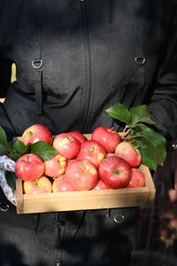 Midsection of woman holding apples