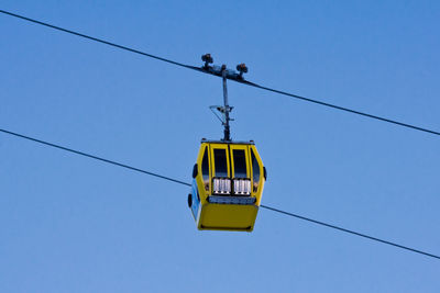 Low angle view of overhead cable car against blue sky