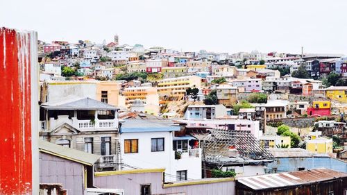 High angle view of residential district against sky