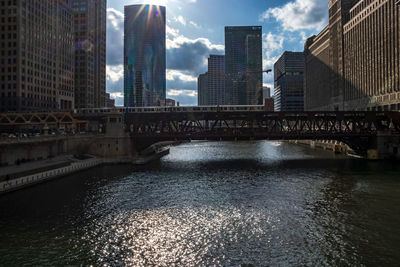 Bridge over river by buildings against sky in city