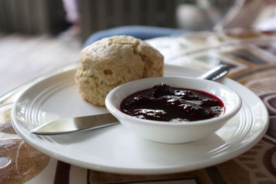 Close-up of breakfast served on table