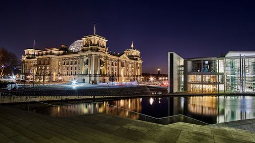 Reflection of illuminated buildings in water at night