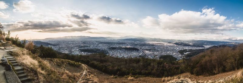 Scenic view of mountains against cloudy sky