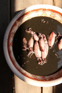 High angle view of dessert in bowl on table