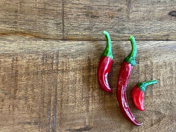 High angle view of chili peppers on table