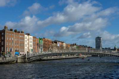 Bridge over river with buildings in background