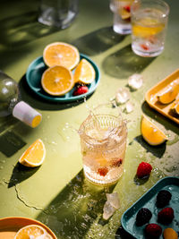 High angle view of infused water in transparant glass