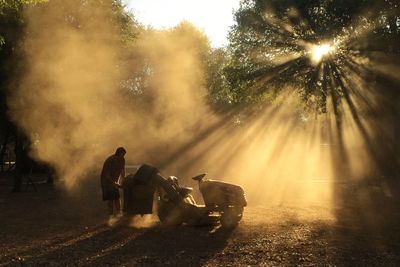 Silhouette man using lawn mower while standing in yard