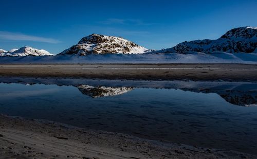 Scenic view of snowcapped mountains against blue sky