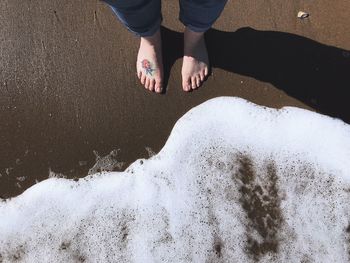 Low section of woman standing at beach 