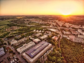 High angle view of townscape against sky during sunset