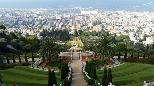 High angle view of bahai gardens and cityscape
