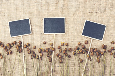 Directly above shot of blank slates with ropes on table