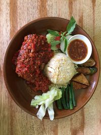 High angle view of meal served on table