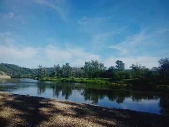 Scenic view of lake against cloudy sky