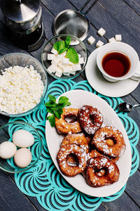 High angle view of breakfast on table