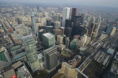 High angle view of modern buildings in city