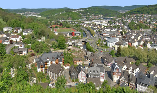 High angle view of townscape against sky