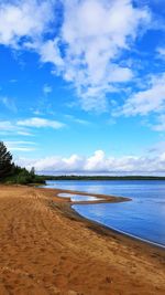 Scenic view of beach against blue sky