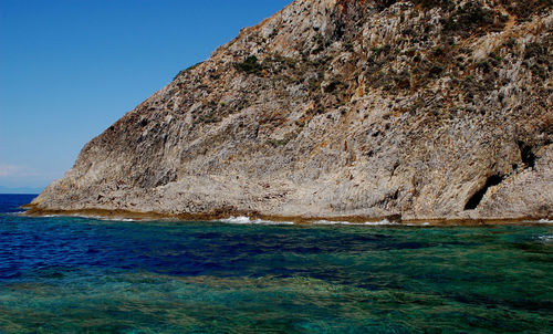 Rock formations in sea against clear blue sky