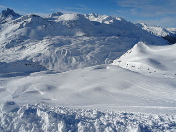 Scenic view of snow covered mountains against sky