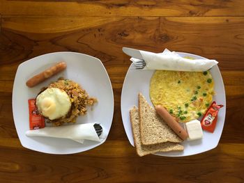 High angle view of breakfast served on table