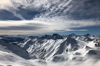 Scenic view of snowcapped mountains against sky