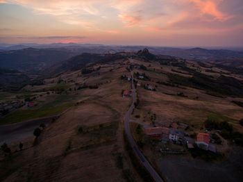 High angle view of landscape against sky during sunset