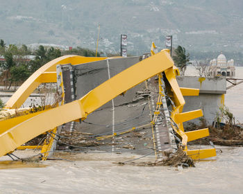 High angle view of yellow construction site during winter