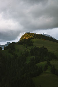 Trees and mountain against cloudy sky