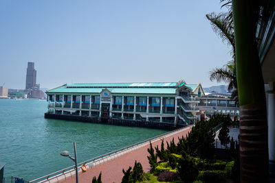 Panoramic view of city buildings against clear blue sky