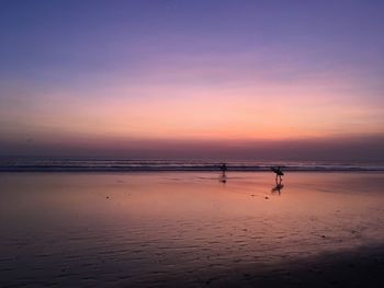 People at beach against sky during sunset