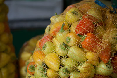 Close-up of colorful paprica for sale at market