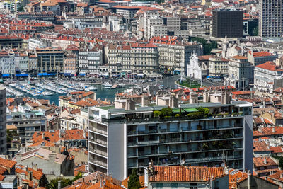 High angle view of buildings in city