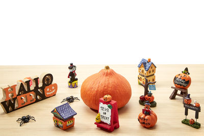 Various pumpkins on table against white background