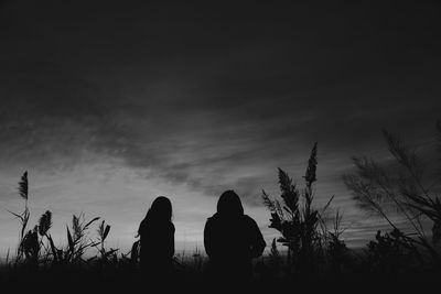 Silhouette people standing by plants against sky during sunset