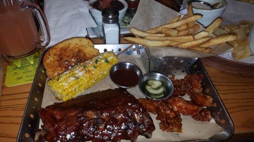 Close-up of food served on table