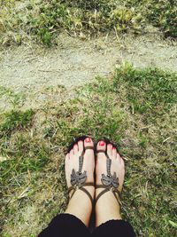 Low section of woman wearing sandals on grass