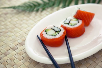 High angle view of sushi in plate on table