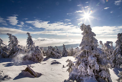 Scenic view of snow covered landscape against sky