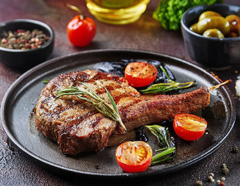High angle view of food in plate on table