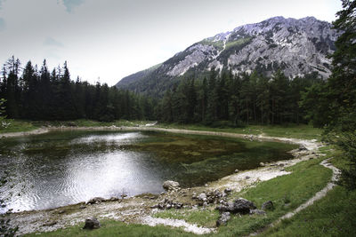 Scenic view of lake by mountains against sky