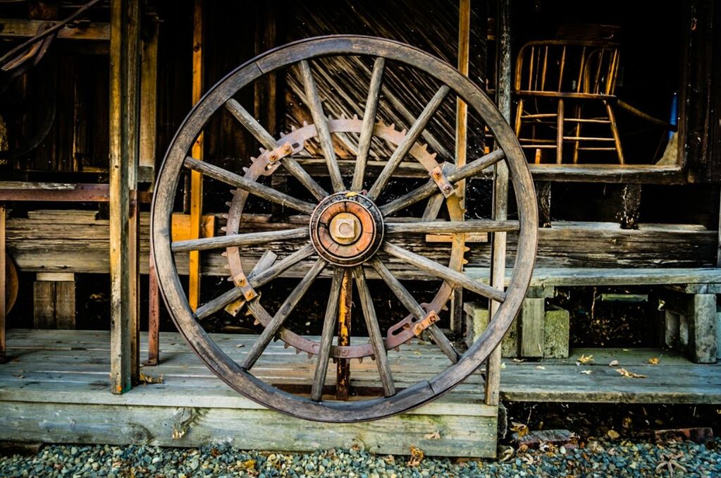 abandoned, wood - material, old, wheel, obsolete, built structure, deterioration, damaged, circle, run-down, metal, wooden, architecture, weathered, rusty, no people, indoors, night, wood, old-fashioned