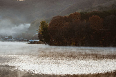 Scenic view of lake against sky during winter