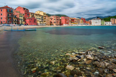 Buildings by river