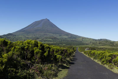 Scenic view of mountains against clear blue sky