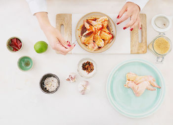 High angle view of food served on table