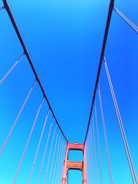 Low angle view of suspension bridge against clear blue sky