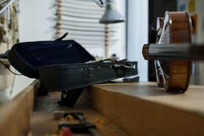 Close-up of violin on table