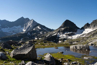Scenic view of lake and mountains against clear sky